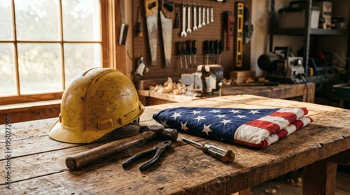 American Flag with Construction Tools and Safety Helmet on Workbench