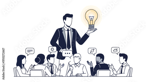Brainstorming Ideas: A graphic representation of a meeting centered around a person holding a lit lightbulb, symbolizing new ideas and innovation. The meeting illustrates idea generation, teamwork.