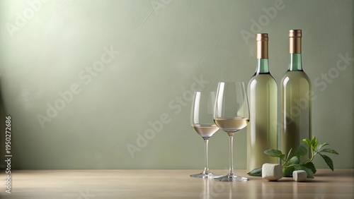 Elegant Still Life Featuring Two Bottles of White Wine and Two Wine Glasses on a Tabletop