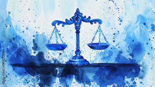 Blue watercolor features a classic balance scale. Ornate metal arms support two empty pans. Watercolor splashes form a soft, artistic background. The image evokes concepts of justice and fairness