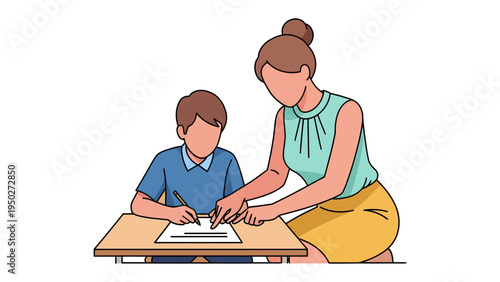 Teacher Assisting Student: A caring teacher guides a young student during a lesson, pointing at the paper on a desk to encourage proper handwriting and understanding.