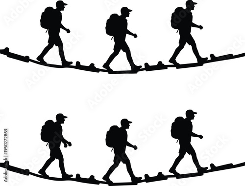 Black silhouette of male hikers with backpacks walking across a suspension bridge set against a plain white background for creative digital design projects.