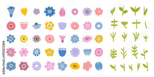 Set of summer floral elements and botanical shapes in flat style. Decorative icon. Design elements for spring illustration, pattern, packaging, poster