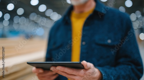 Handwerker nutzt Tablet-Technologie in seiner deutschen Werkstatt für die moderne Bestandsverwaltung von Werkzeugen und Holzspänen.