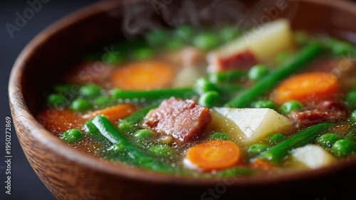 Gemütliche Schleswig-Holsteiner Hausmannskost in rustikalem Küchenambiente, darunter Birnen-Bohnen-Speck-Eintopf mit leuchtenden Farben