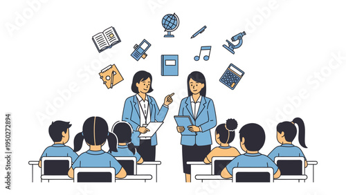 Teaching Moment: Two educators engaging with children, with various educational icons above them, creating an engaging educational scene.