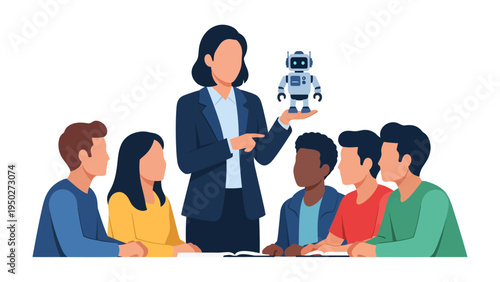 AI Education & Robotics: An instructor presents a robot to a group of engaged students, signifying the fusion of technology and education. Capturing a learning environment 