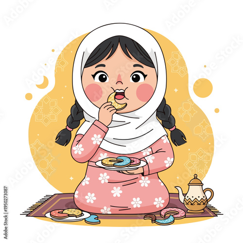 Young girl eating food from plate while sitting on colorful mat