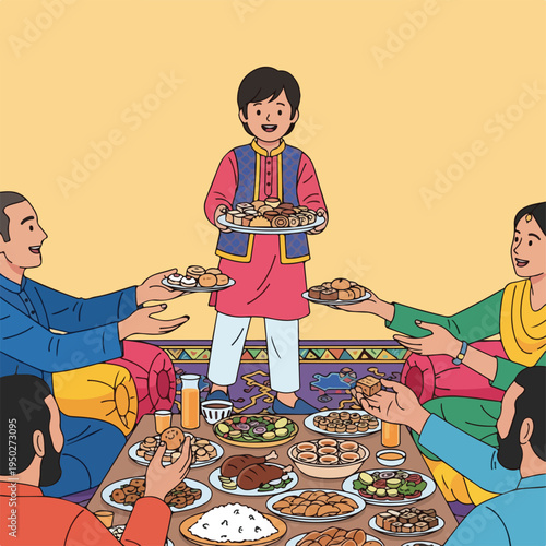 Traditional indian family sharing food at a festive meal together