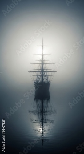 A large ship sails through calm waters on a foggy day with sunlight shining through  serene ocean travel