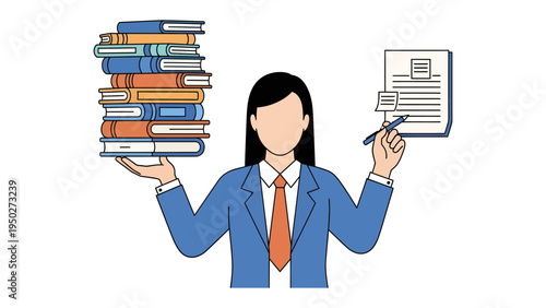 Balancing Knowledge and Professionalism: A professional individual is captured as they hold a stack of books and a document symbolizing the equilibrium between knowledge and professional endeavors.
