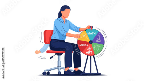 Wheel of Academic Pursuit: A person is seated, spinning a colorful wheel displaying segments labeled Math, Science, Art, and other disciplines.