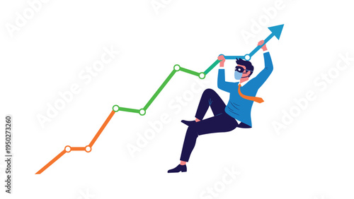 Man wearing a protective mask climbs a positive business growth chart arrow, symbolizing resilience and success during challenging times.