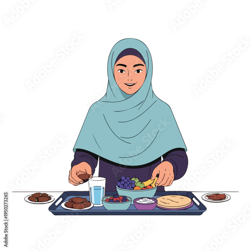 Woman wearing headscarf serving food on tray