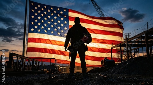 Construction Worker Silhouette with American Flag at Job Site Labor Day Concept
