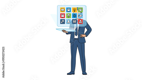 Digital Mind: A man in a suit embodies modern technology, his head replaced by a glowing computer screen showcasing the world of digital information and possibilities.