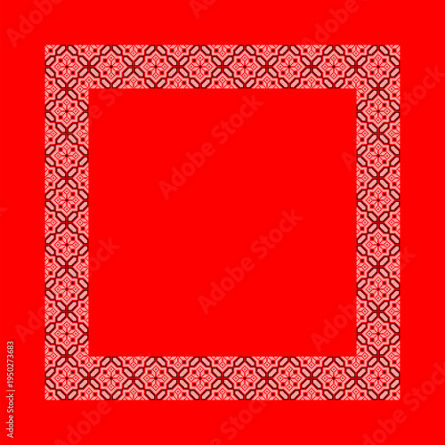 Vector illustration of a Ukrainian embroidery square frame inspired by traditional vyshyvanka ornament. Decorative geometric border in red and black colors created in cross stitch style