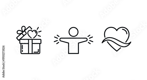 Three icons representing giving, sharing, and love in simple line art
