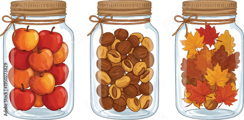 Vector Illustration Autumn Jars with Apples, Nuts, and Fall Leaves