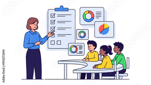 Data Insights in Action: A dynamic scene unfolds as an educator expertly guides a diverse group of learners through data charts, fostering collaborative understanding and knowledge sharing.