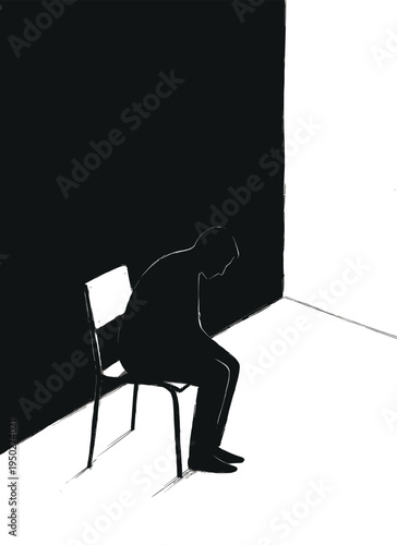 Depressed Man Silhouette Sitting On A Chair In Empty Room Facing Black Wall Concept Of Loneliness Sadness Mental Health Problems Grief And Social Isolation
