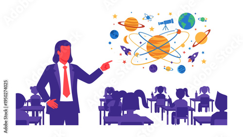 Cosmic Classroom: A dedicated educator, igniting young minds with a presentation on the vast cosmos, capturing the essence of learning and inspiration.