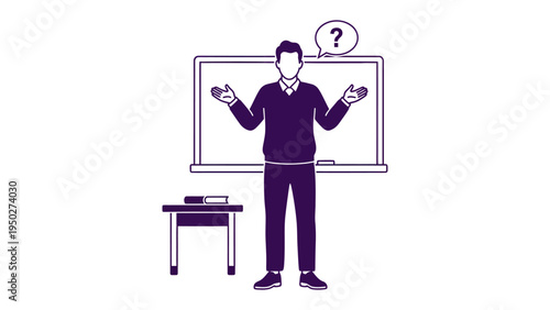 Uncertainty in Education: An instructor stands before a chalkboard, expressing bewilderment with an icon representing a question mark, possibly puzzled about lesson plans or teaching.