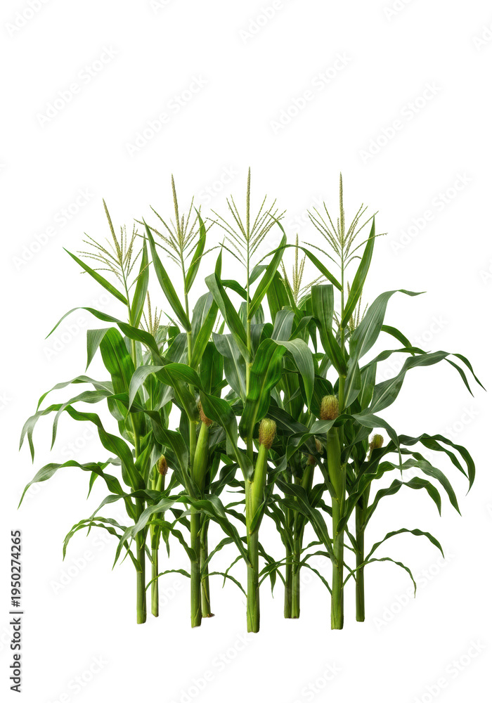 Fototapeta premium Lush emerald green corn plants with strong stalks and feathery tassels, rooted in rich dark soil and bright green grass, isolated on a transparent background, concept of agricultural abundance and