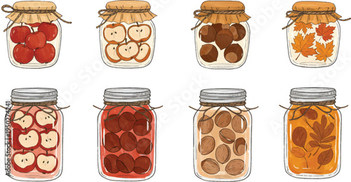 Vector Illustration Autumn Preserves in Glass Jars Collection