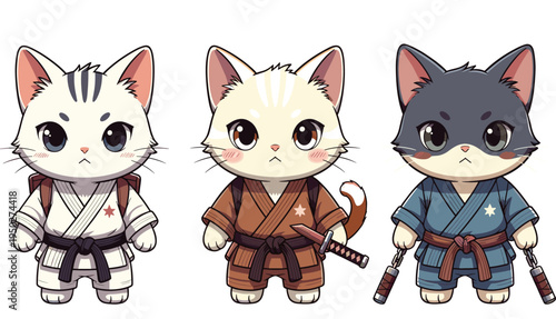 Cute set of three chibi ninja cat characters wearing martial arts uniforms with katana and nunchucks isolated on a white background for digital design.