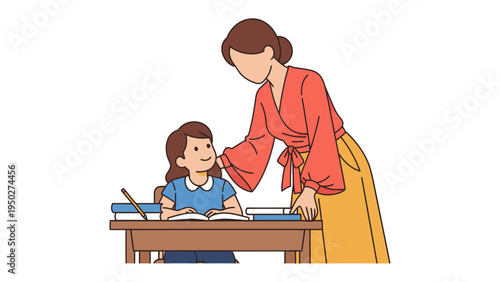 Kindly Educator: a teacher gives guidance and support to her student in the classroom. This is to convey the joy of education and teacher-student relationship.