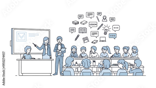 Education and Learning: A visual representation of a classroom setting, where a teacher addresses students. A scene of learning and teaching with students at tables and thought bubbles.