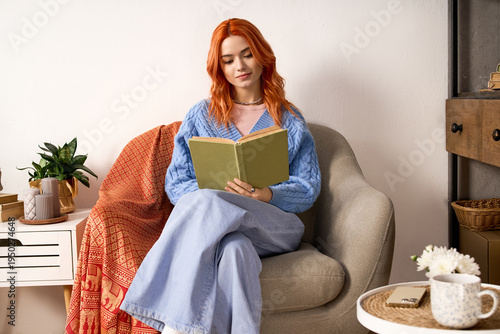 Photography Cozy winter scene with a young woman reading in her stylish apartment