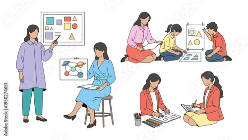 Creative Learning in the Classroom: An array of educators engaging with students in various hands-on learning activities, focusing on interactive education and creative methods.