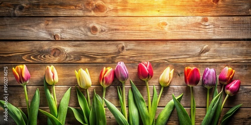 A vibrant row of colorful tulips arranged on a rustic wooden surface, bathed in warm, golden light