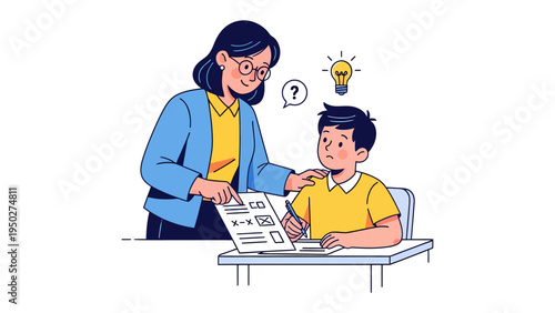 Guidance and Discovery: A mentor assists a young student, fostering curiosity and the spark of an idea in a dynamic learning environment.