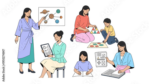 Knowledgeable Educator and Students: An inspiring illustration showing an educator and young pupils engrossed in a multifaceted exploration of knowledge, featuring a teacher, diagrams.