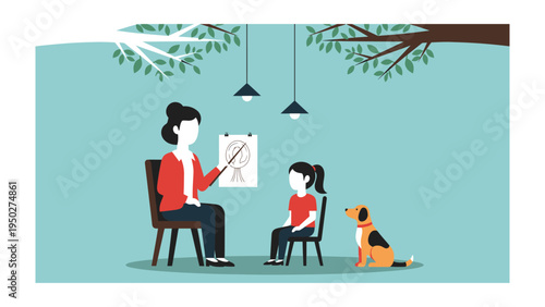 Therapy Session: A scene captures a therapist engaging in a session with a young client and therapy dog, utilizing visual aids to facilitate understanding and support.