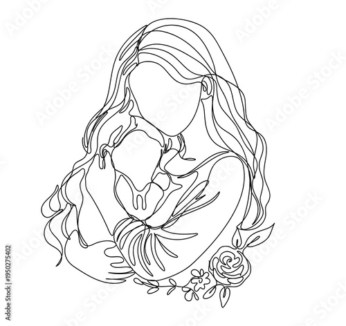 mother's day ,Mother Cuddling Sleeping Baby , continuous line art ,  vector illustration