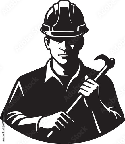 Silhouette of a worker isolated on transparent background with a pickaxe