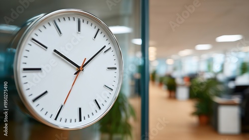 Eine große Uhr an einer Glaswand überblickt den geschäftigen Besprechungsraum, in dem konzentrierte Mitarbeiter an Projekten zusammenarbeiten.