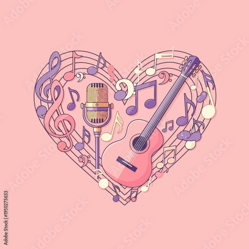 Heart shape music notes with guitar and microphone, love for music concept