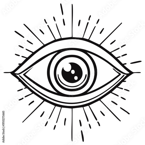 Symbolic eye icon with rays, graphic design illustration