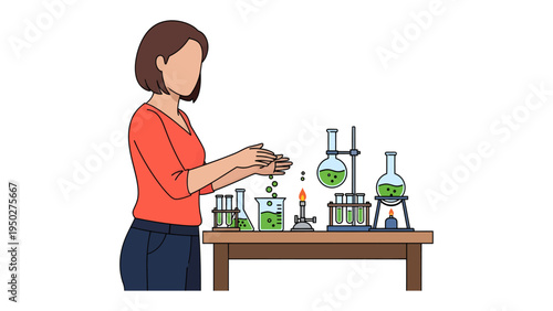 A moment of discovery: A focused female scientist conducting an experiment with flasks and beakers on the laboratory desk. Her eyes fixed, she's surrounded by chemical apparatus in a bright.
