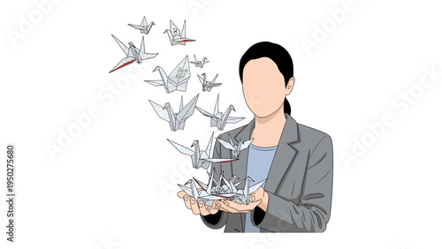 Woman with Origami: A serene woman stands, releasing a flock of intricate origami cranes, symbolizing hope, peace, and the beauty of handcrafted art.