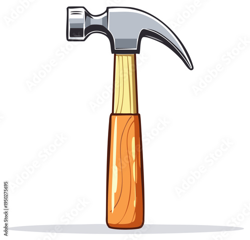 Cartoon style illustration of a curved claw hammer with wood handle and metal head on a white background