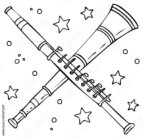 Crossed clarinets with stars musical instrument graphic