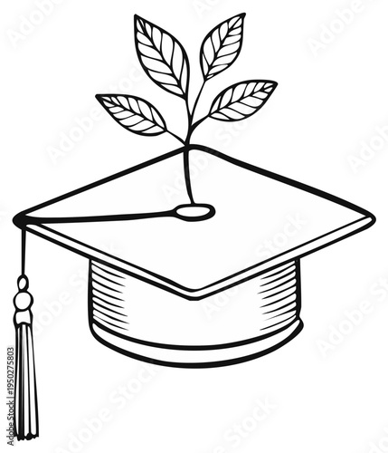 Graduation cap with plant growing out, education and growth concept illustration