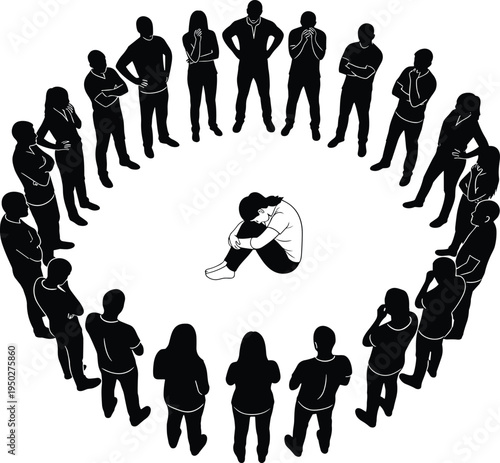 Bullying concept silhouettes, group harassment circle around sad person, social pressure, peer intimidation, mental health awareness illustration
