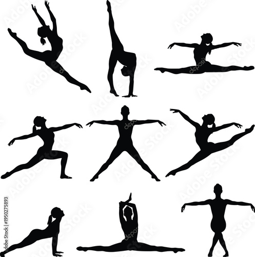 Set of black silhouettes featuring various gymnastic poses, rhythmic dance movements, and yoga stretches isolated on a white background for fitness and athletic design.